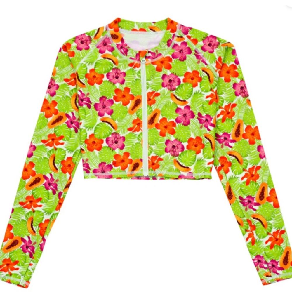 SwimZip Women's Long Sleeve Crop Rash Guard Sz M UPF 50+ Sun Protection Tropical